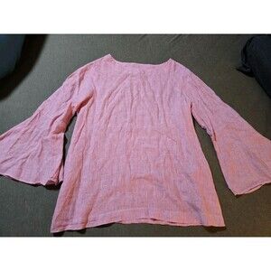 Cynthia Rowley 1x 100% Linen Stripe Blouse Bell Sleeve Coastal Cottage Natural